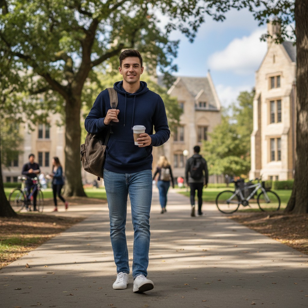 A young man with a backpack and a coffee cup walks along a tree-lined path on a university campus.