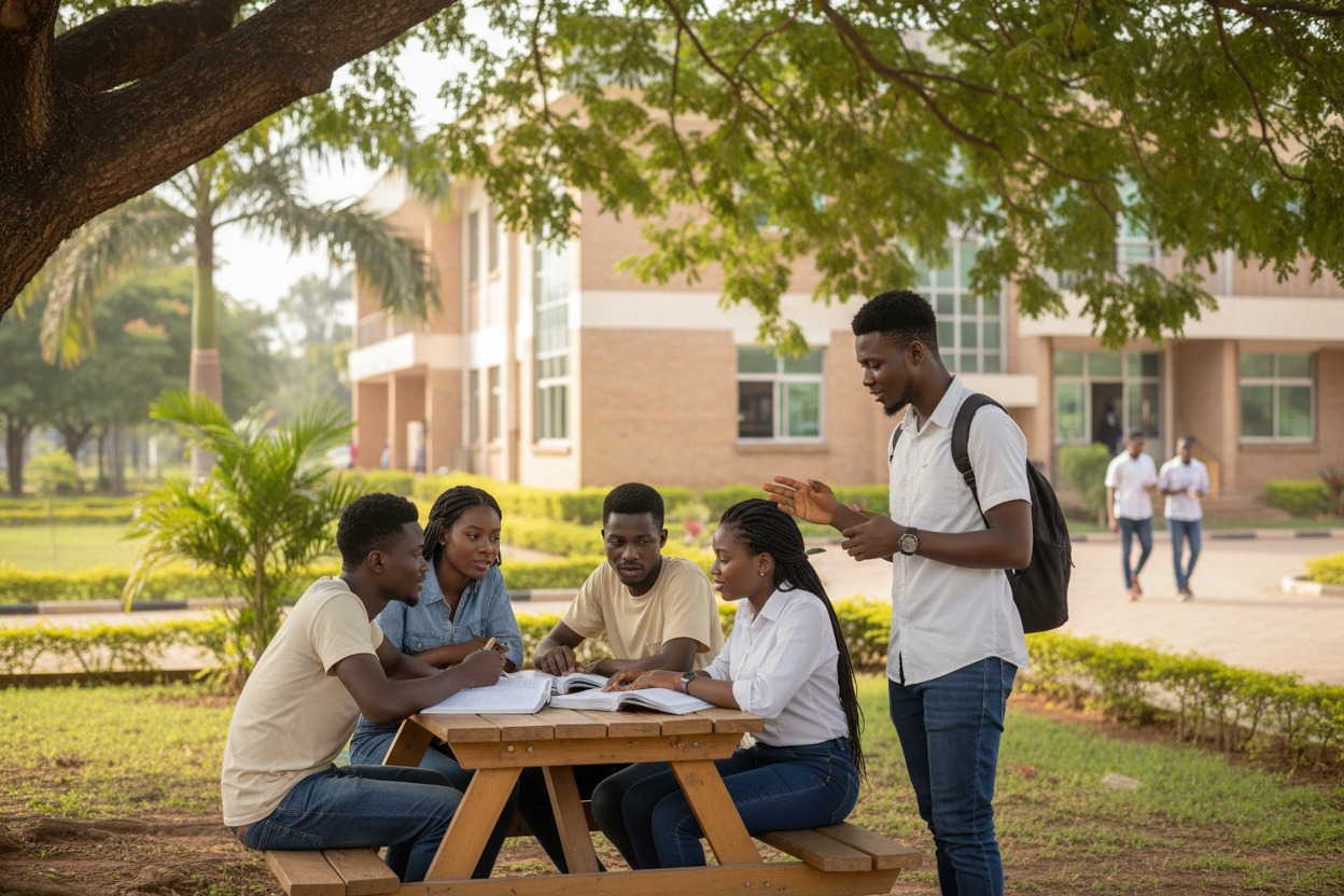 Four university students study together at an outdoor wooden picnic table while a fifth student stands and speaks to them on a sunny campus.